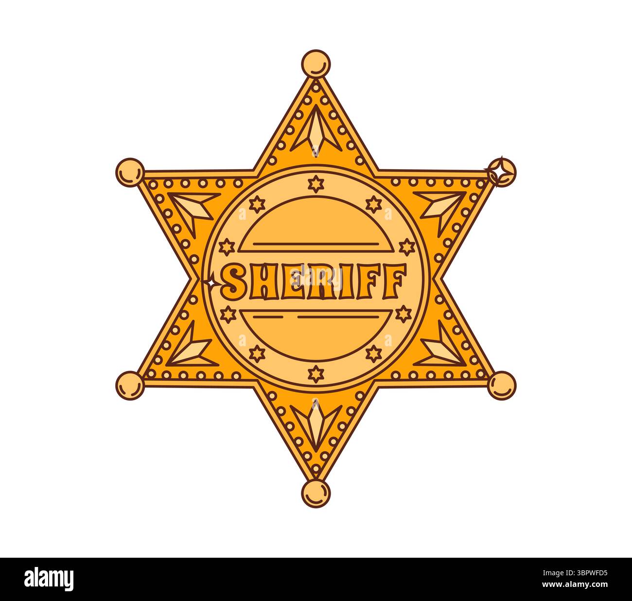 Stella dello sceriffo cartoni animati o simbolo occidentale e selvaggio West, icona vettoriale. Distintivo dorato dello sceriffo o del dipartimento di polizia dei cowboy della città vecchia, Texas o Arizona Illustrazione Vettoriale