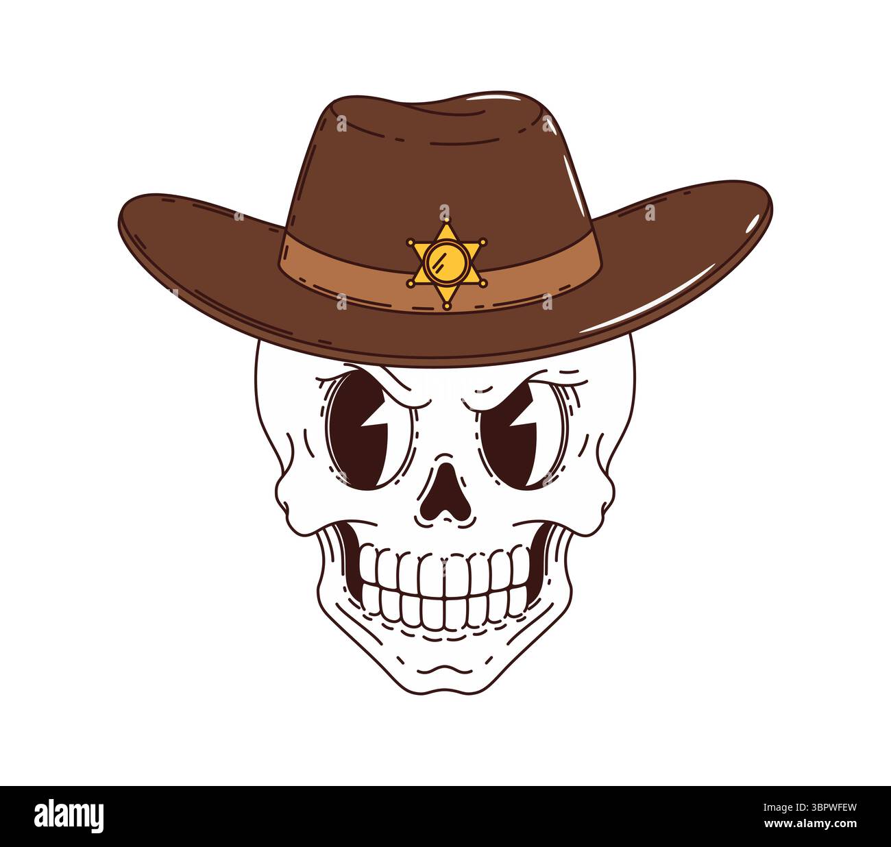 Teschio di cowboy goffrato da cartoni animati, personaggio western, selvaggio hippie del West con indosso un cappello marrone adornato da un distintivo dello sceriffo. Cranio umano vettoriale isolato y2k con occhi vuoti arrabbiati e bocca toothy Illustrazione Vettoriale
