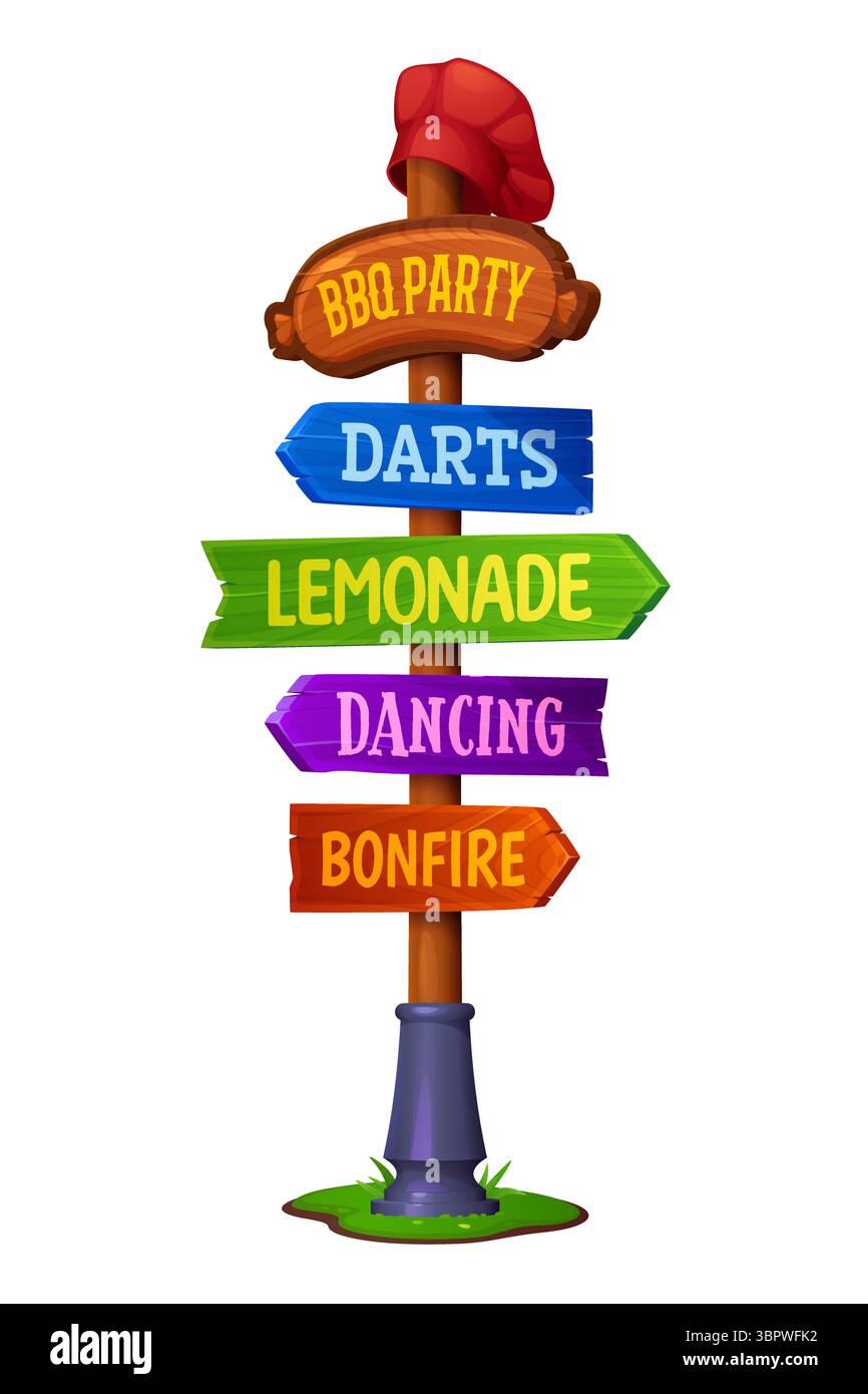 Cartoni barbecue barbecue, cartello in legno con frecce direzionali e cartellone vettoriale. Festa estiva o festa al barbecue e cartello per picnic con indicazioni per drink bar, discoteca e falò Illustrazione Vettoriale