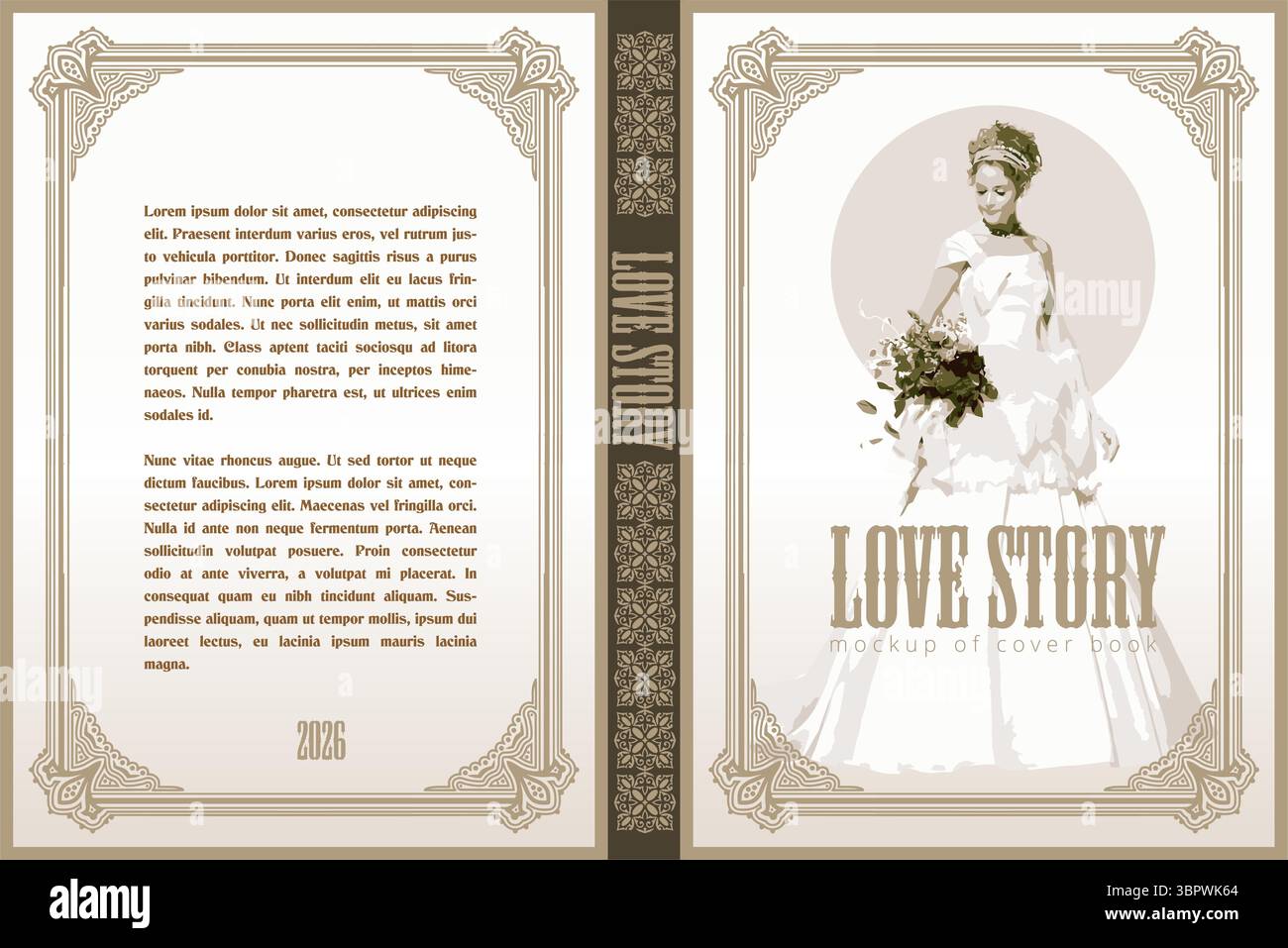 Mockup di copertina del libro con bouquet della sposa, cornice decorativa e storia d'amore del titolo Illustrazione Vettoriale