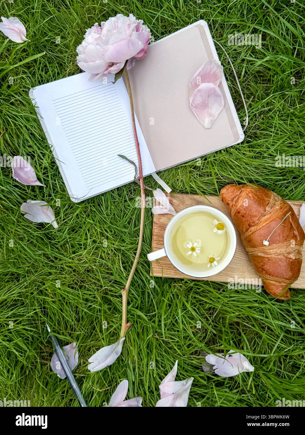 Tè di camomilla, croissant e taccuino. Tempo tranquillo per prendersi cura di sé, gratitudine o tracciamento degli obiettivi. Foto Stock