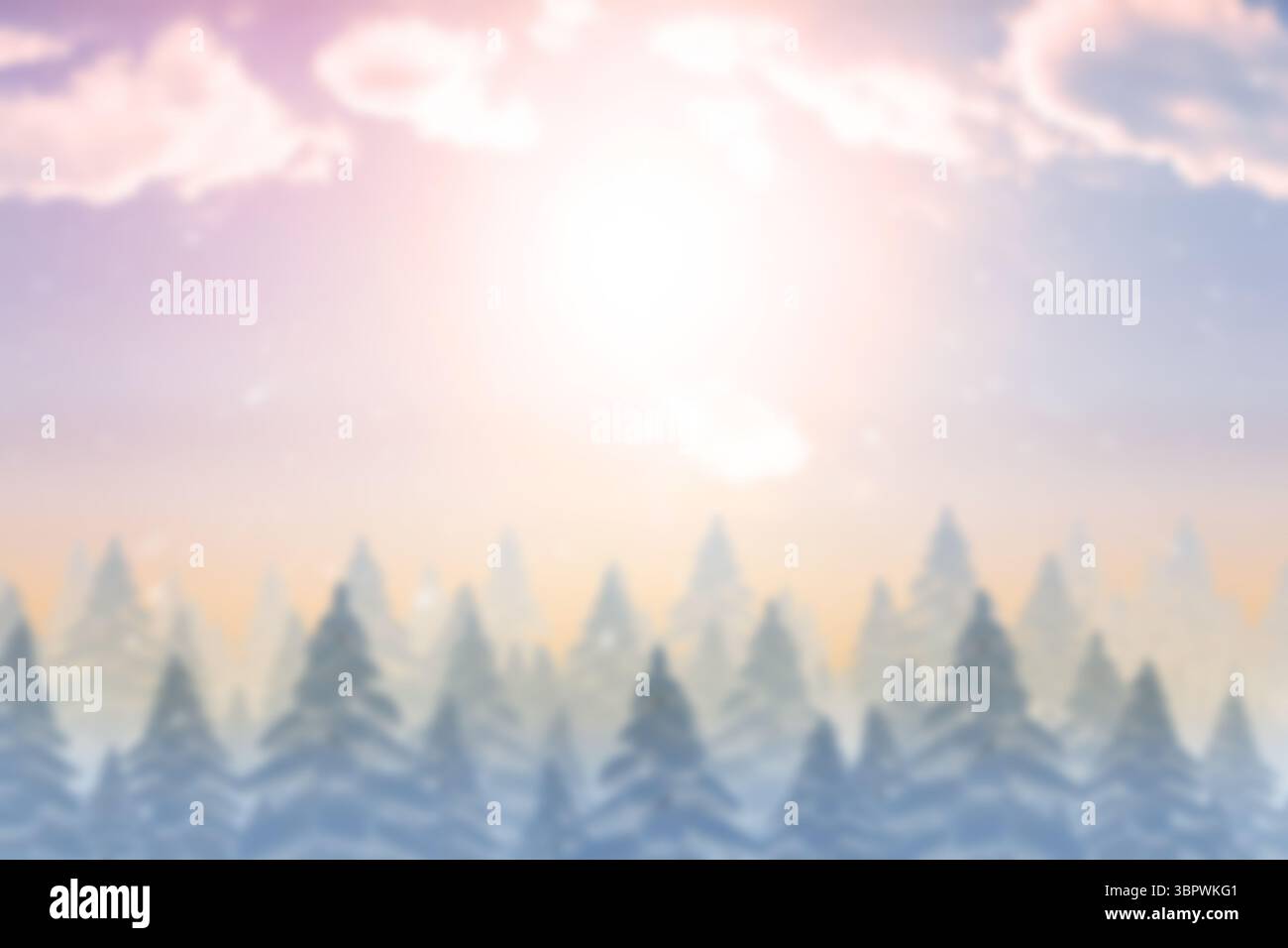 Gli alberi sempreverdi ricoperti di neve stanno sbiadendo nell'orizzonte pastello con un design piatto, che emette un bagliore nebbioso Foto Stock