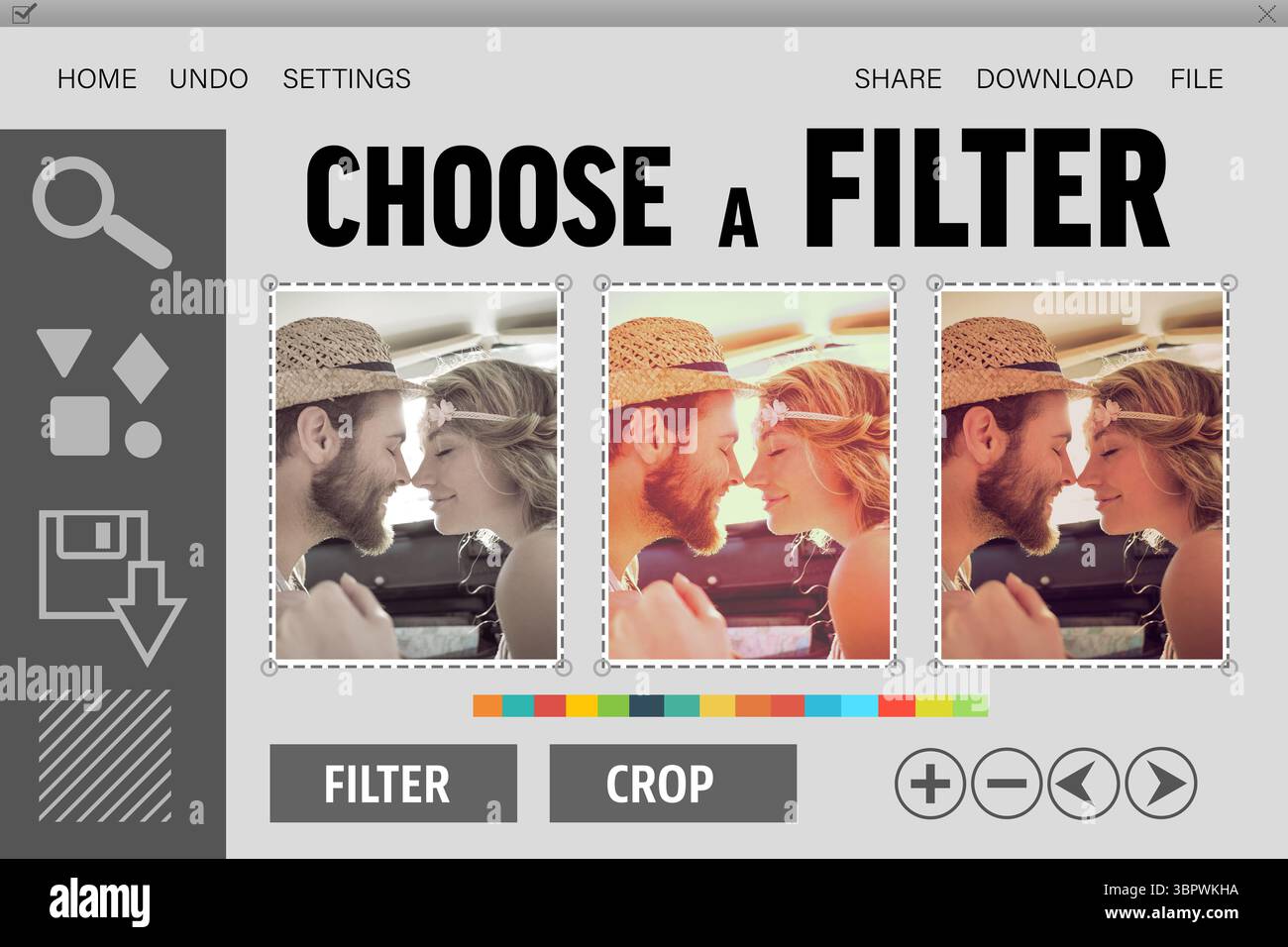 L'editor di progettazione piatta mostra icone della barra degli strumenti, campioni e tre anteprime filtro di baci di coppia Foto Stock