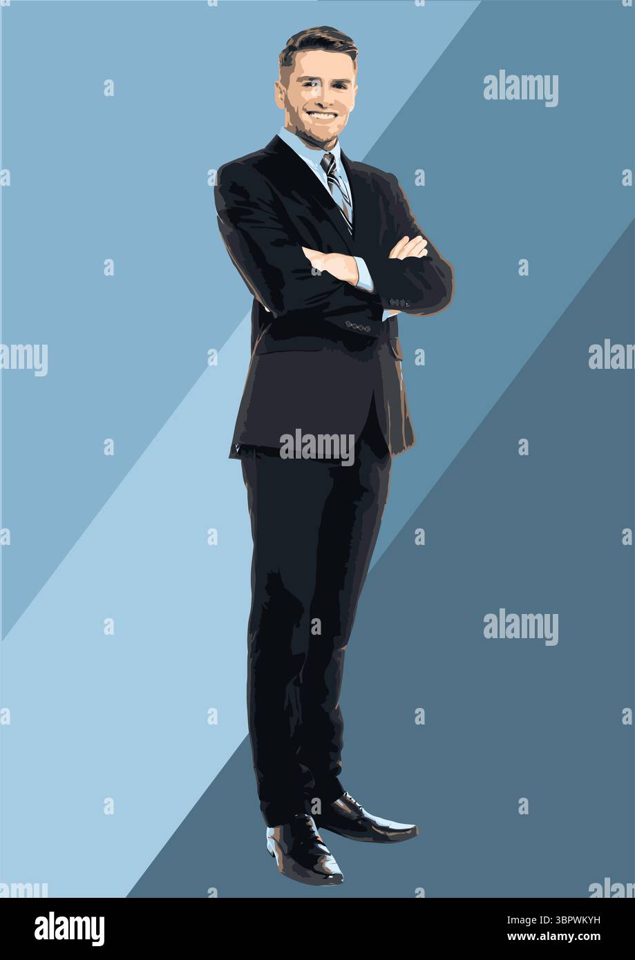 Ritratto a figura intera di un uomo d'affari che incrocia le braccia, abbigliamento da lavoro, sfondo blu professionale Illustrazione Vettoriale