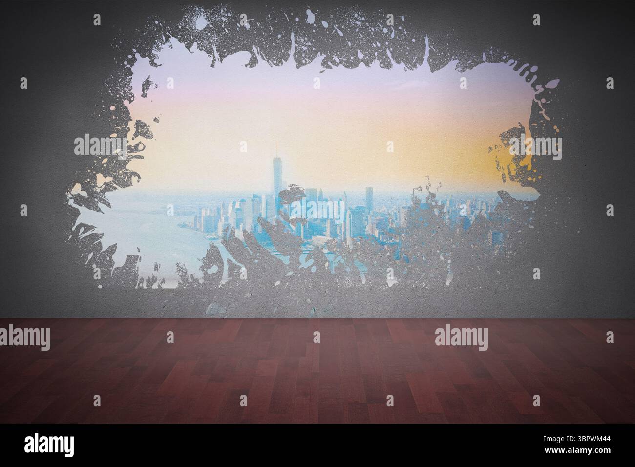 Schizzi sul muro rivelando città costiera Foto Stock