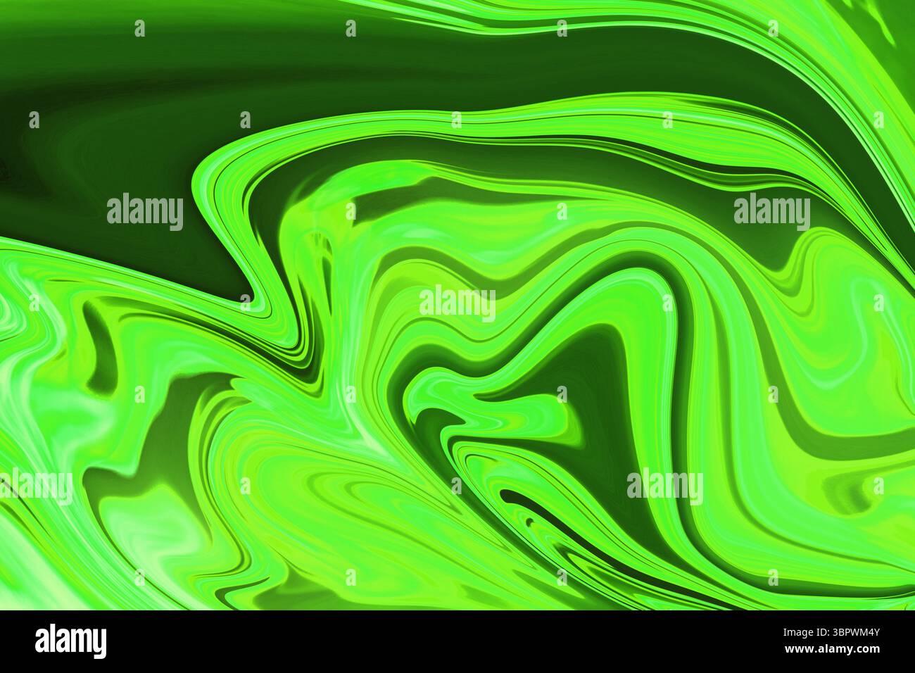 Lo schema di turbolenza verde astratto scorre attraverso il telaio, mostrando forme d'onda al neon in un design piatto Foto Stock