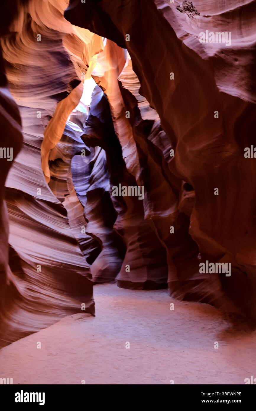 La luce scorre nello stretto passaggio in pietra arenaria dell'Antelope Canyon accentuando le curve rosse e arancioni scolpite da eoni di vento e acqua a Page Arizona. Foto Stock