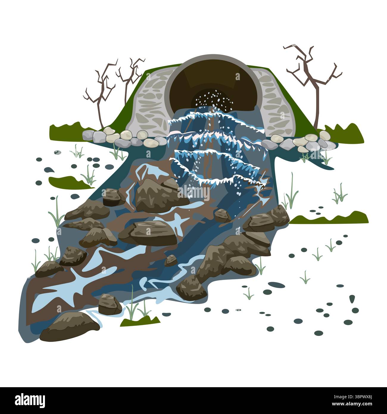 Inquinamento idrico causato da tubi industriali. Inquinamento del flusso di rifiuti chimici, contaminazione in natura. Scarico dell'effluente sporco dal tubo. Danni ecologici Illustrazione Vettoriale