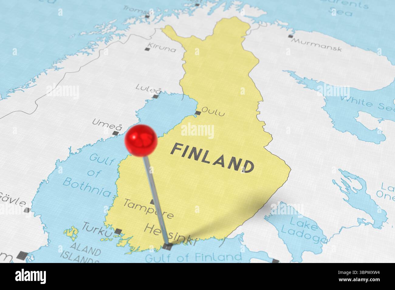 Finlandia, Helsinki - premere il perno sulla mappa politica - illustrazione 3D. Foto Stock