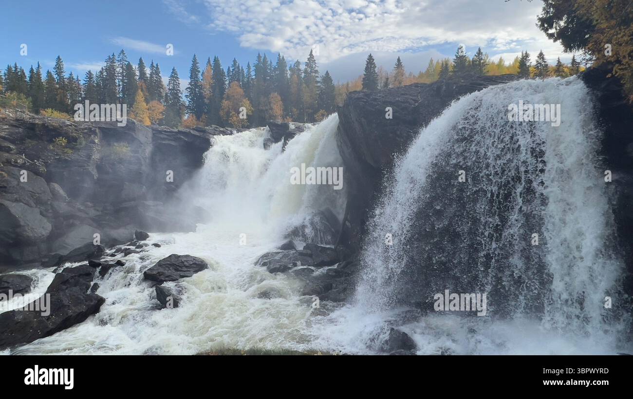 La cascata Ristafallet scorre attraverso una foresta dai vivaci colori autunnali. Foto Stock