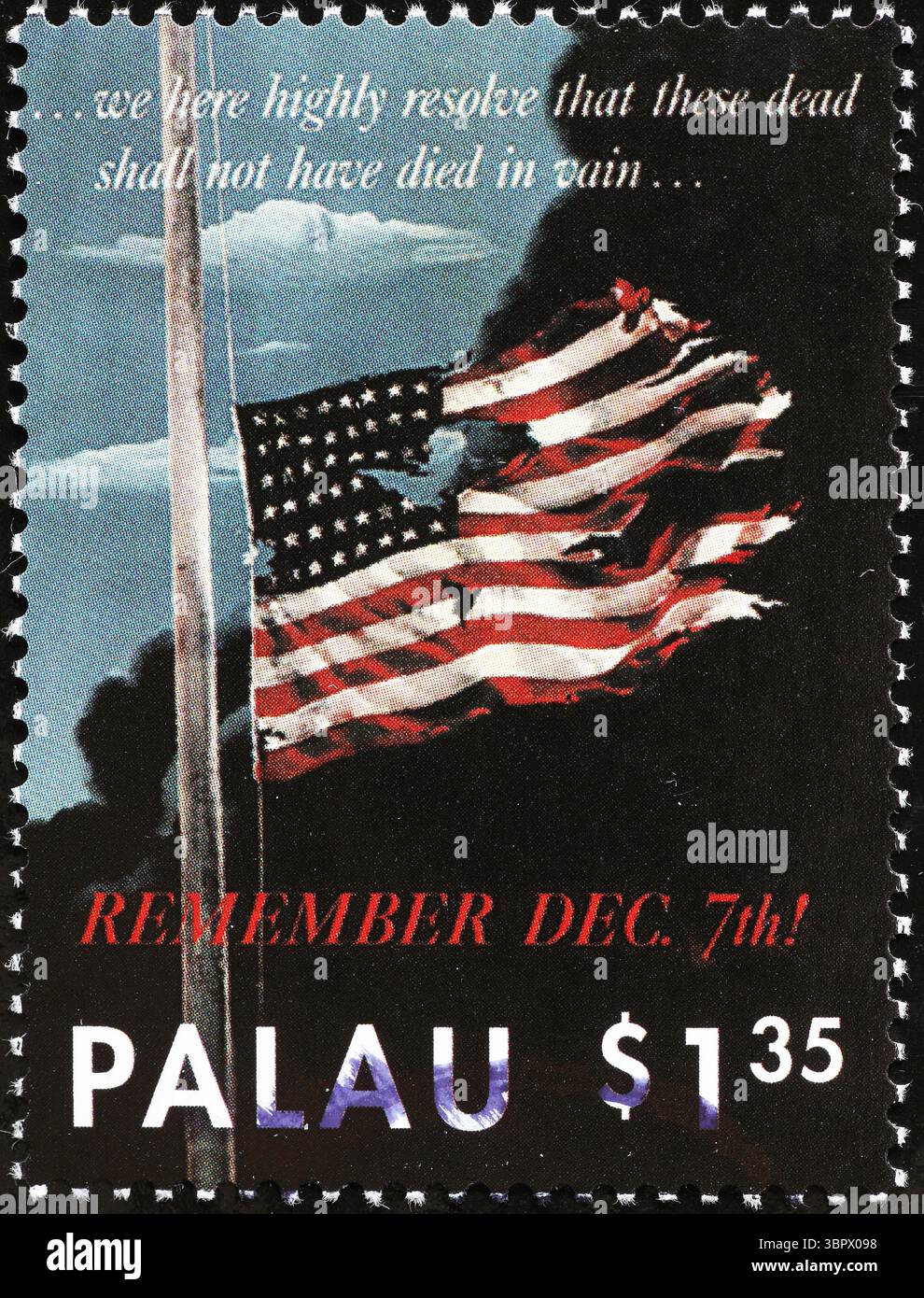 Poster americano che ricorda l'attacco di Pearl Harbor al francobollo di Palau Foto Stock