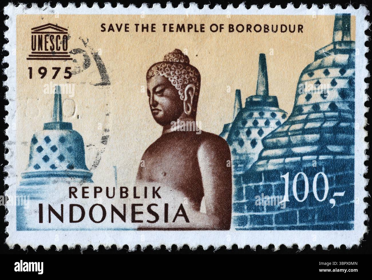 I templi di Borobudur sono celebrati con il francobollo indonesiano Foto Stock