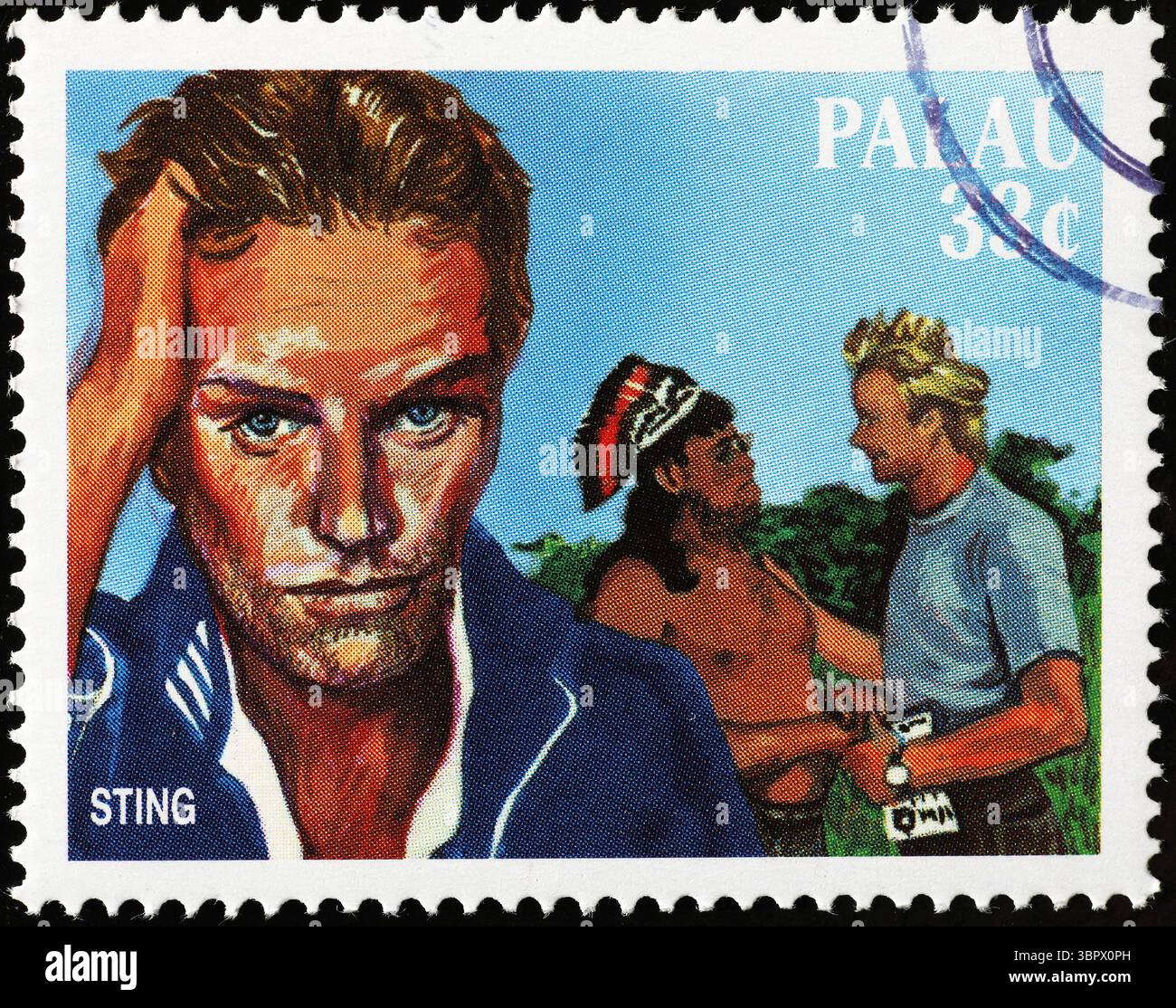 Il musicista e attivista britannico Sting sul francobollo di Palau Foto Stock