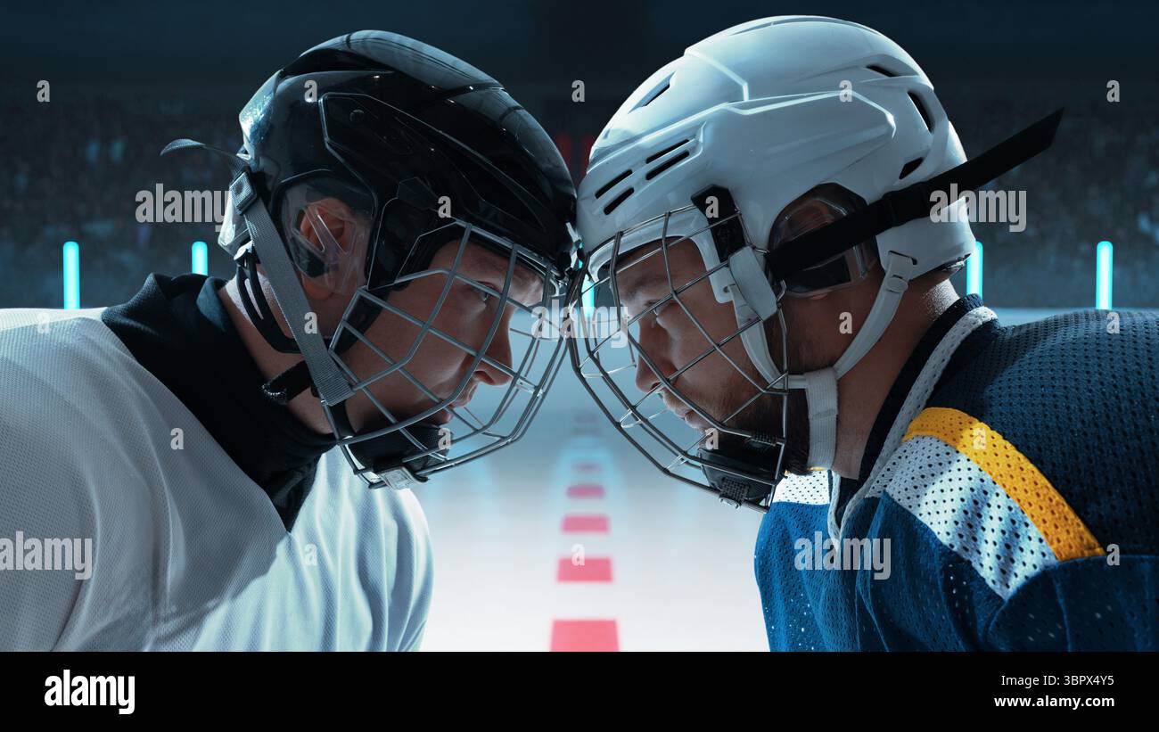 Uno sguardo da vicino tra due giocatori di hockey sulla pista di pattinaggio su ghiaccio 3D. Foto Stock