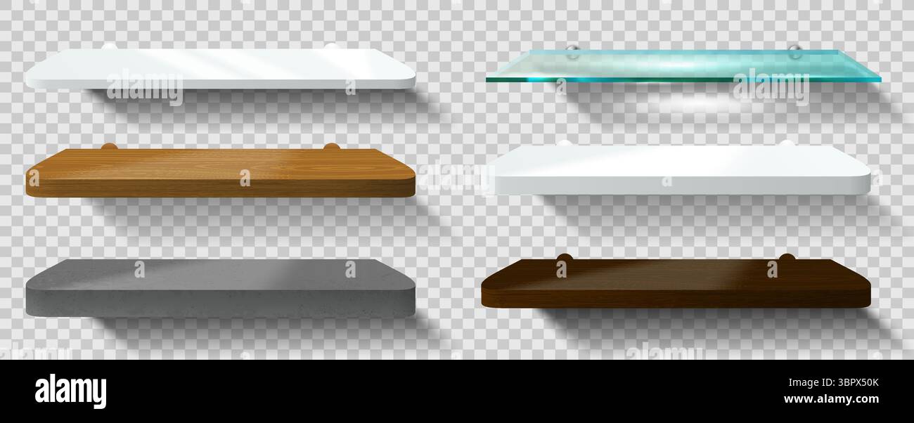 Set di ripiani vuoti isolati su sfondo trasparente. Raccolta di mockup vettoriale. Bagno 3D, podio cucina o ripiano prodotti. Scenografia Illustrazione Vettoriale