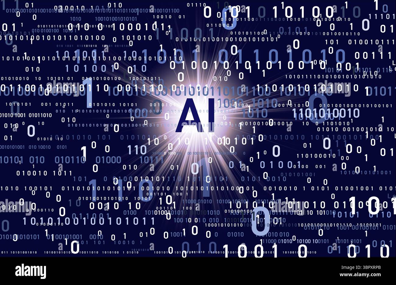 Numeri binari di varie dimensioni e simbolo IA su sfondo blu scuro Foto Stock