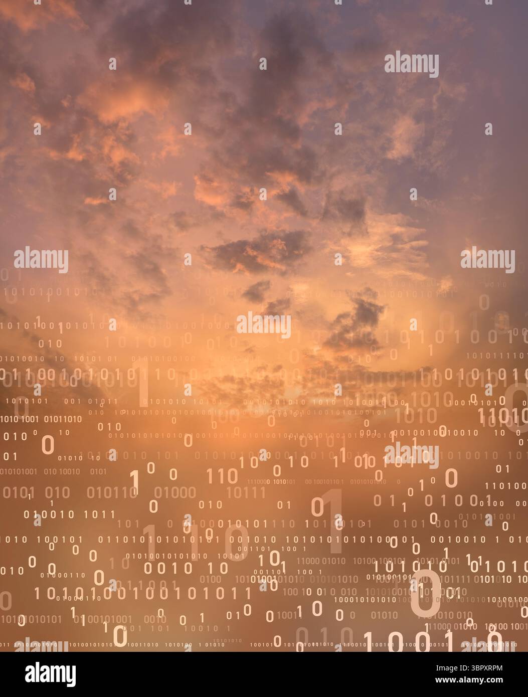 Una moltitudine di numeri di computer binari sullo sfondo del cielo Foto Stock