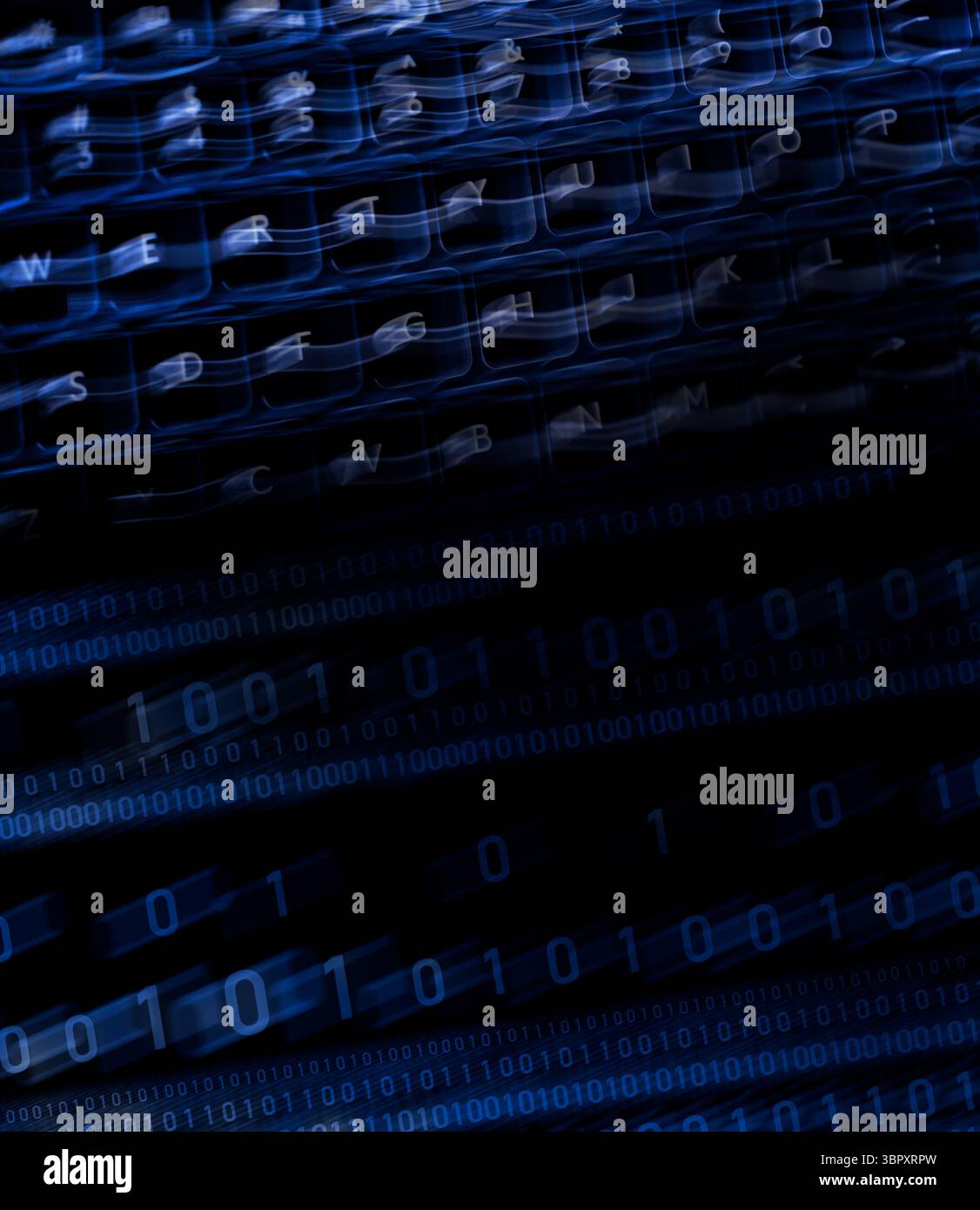 Tastiera del computer con movimento sfocato con schema di numeri binari del computer Foto Stock