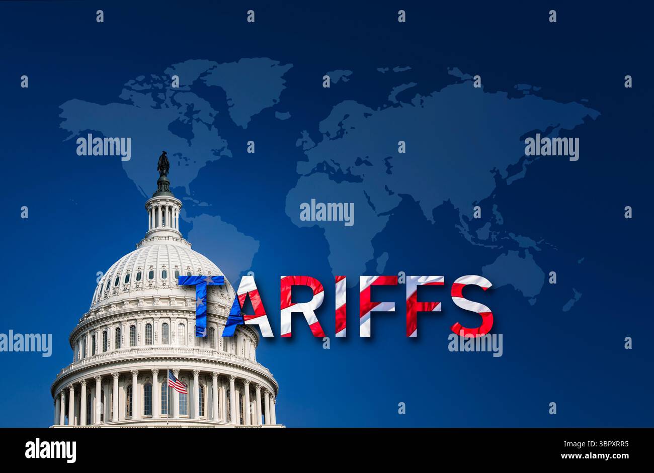Edificio della capitale degli Stati Uniti con cartelli tariffari e mappa del mondo Foto Stock