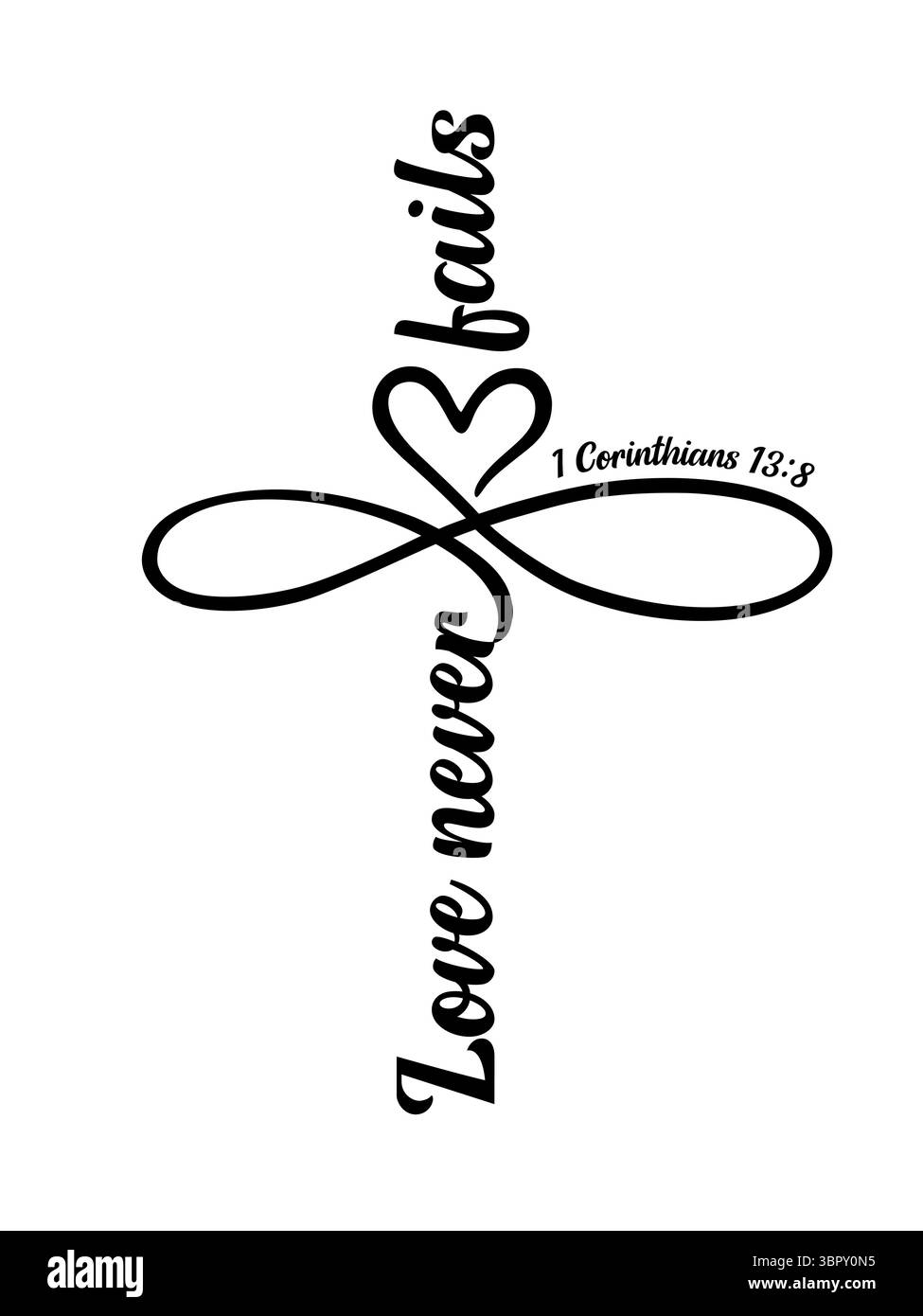 L'amore non fallisce mai - testo della Bibbia con divisore cuore-infinito a forma di croce. Citazione religiosa vettoriale con 1 Corinzi 13:8. Christian Valentine Illustrazione Vettoriale