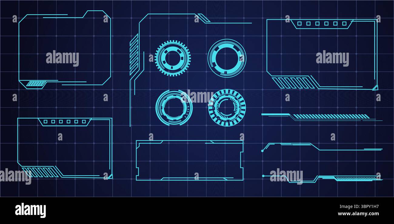 Frame HUD interfaccia utente futuristica, menu interfaccia astratta riga. Elemento di design Tech cyberspace Border sci fi. Impostare il pannello del cruscotto della scheda moderna, gui. Illustrazione vettoriale Illustrazione Vettoriale