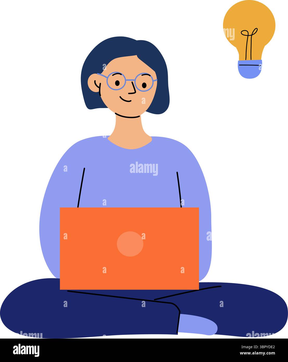 donna seduta davanti a un notebook sullo sfondo di una lampadina accesa, illustrazione sulla generazione e il lancio di un'idea aziendale Illustrazione Vettoriale