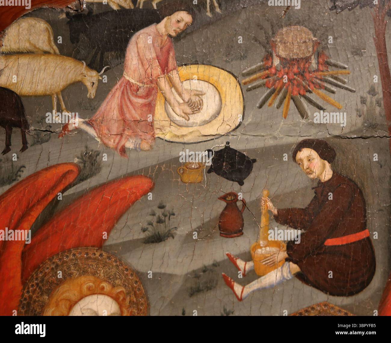 Annuntazione a st. Joachaim e st. Anne di Master of Cinctorres, c. 1400. Dettaglio dei pastori. Gotico. Provenienza sconosciuta. MNAC. Spagna. Foto Stock