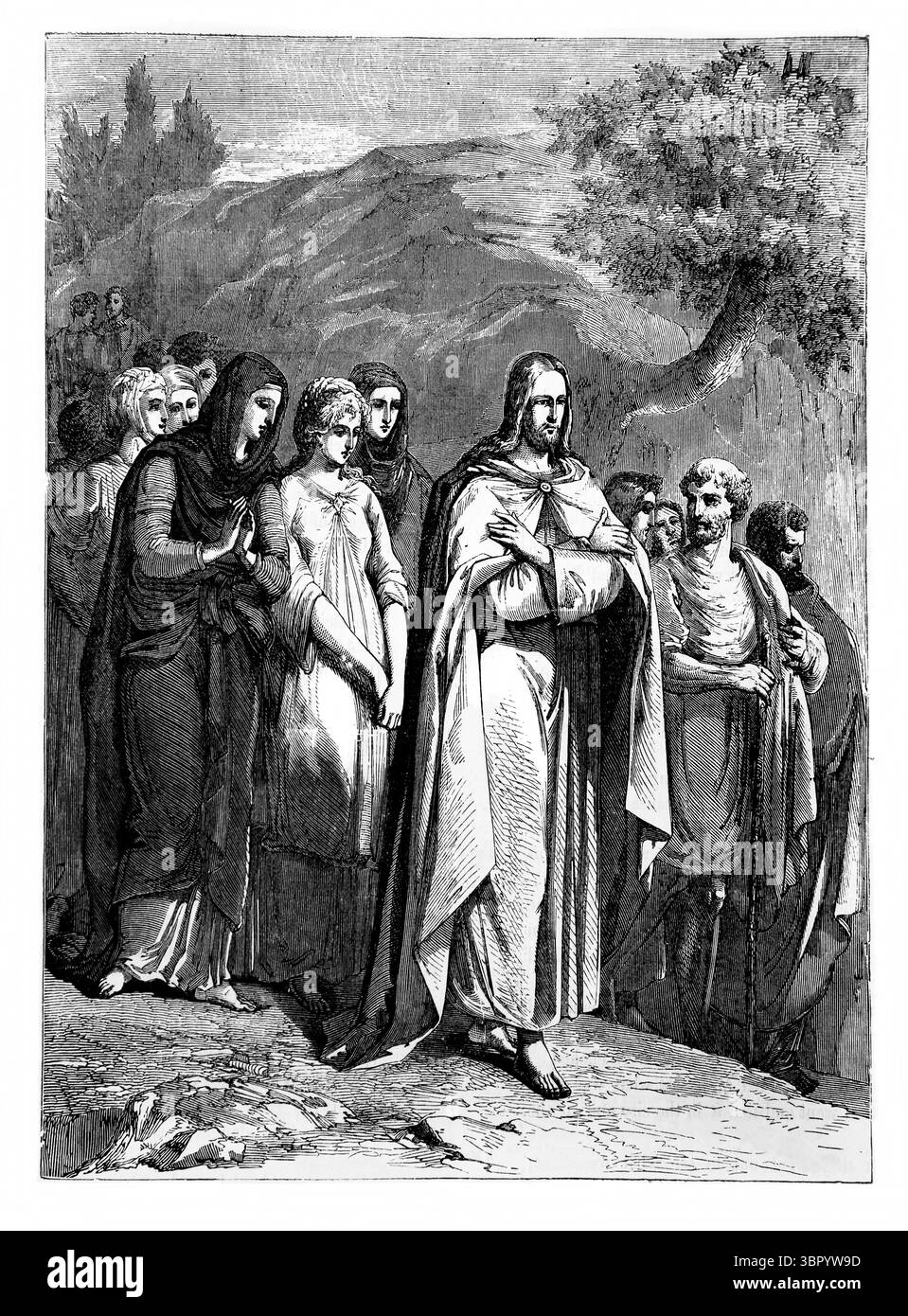 Illustrazione e la folla che segue Gesù Cristo che li ha accolti e ha parlato loro del Regno di Dio Luca IX 11 dell'Antico XIX secolo Foto Stock