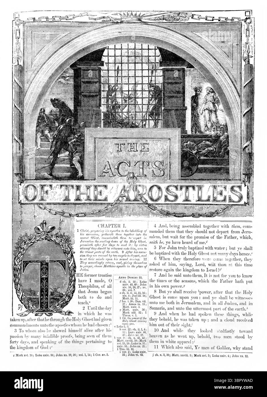 Titolo pagina degli atti degli Apostoli nuovo Testamento raffigurante San Pietro liberato dal carcere da un Angelo dell'Antica Ottocento la Sacra Bibbia Foto Stock