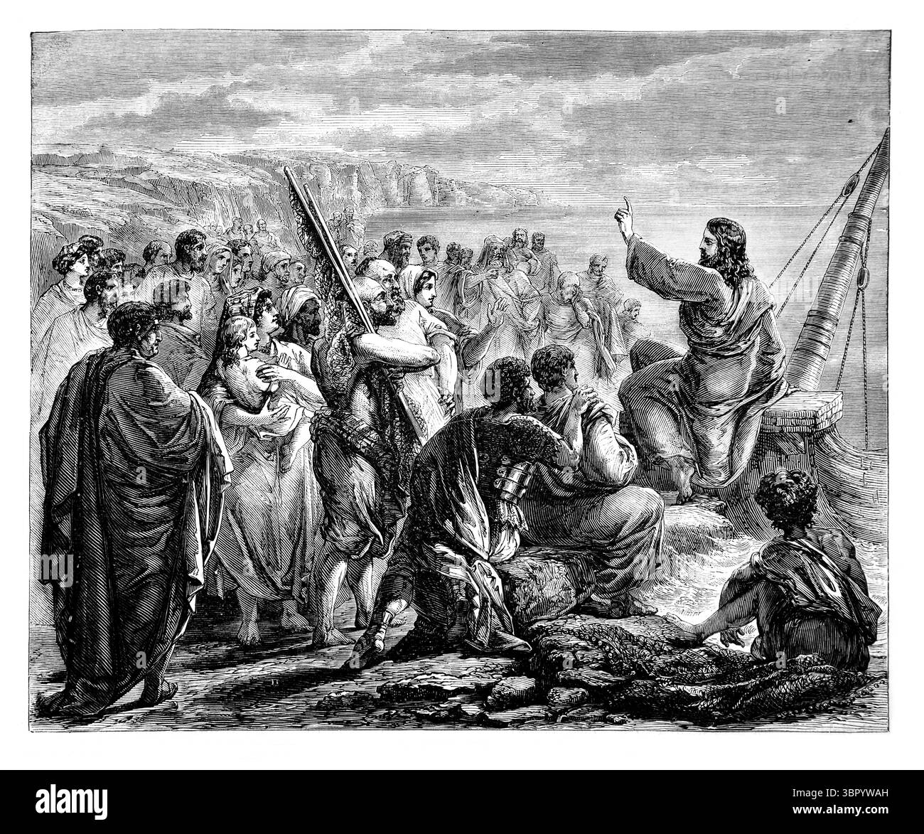 Illustrazione di Gesù Cristo che predicava le parabole da una barca sul mare di Galilea Matteo XIII. 1-3 dall'Antica Ottocento la Sacra Bibbia conta Foto Stock