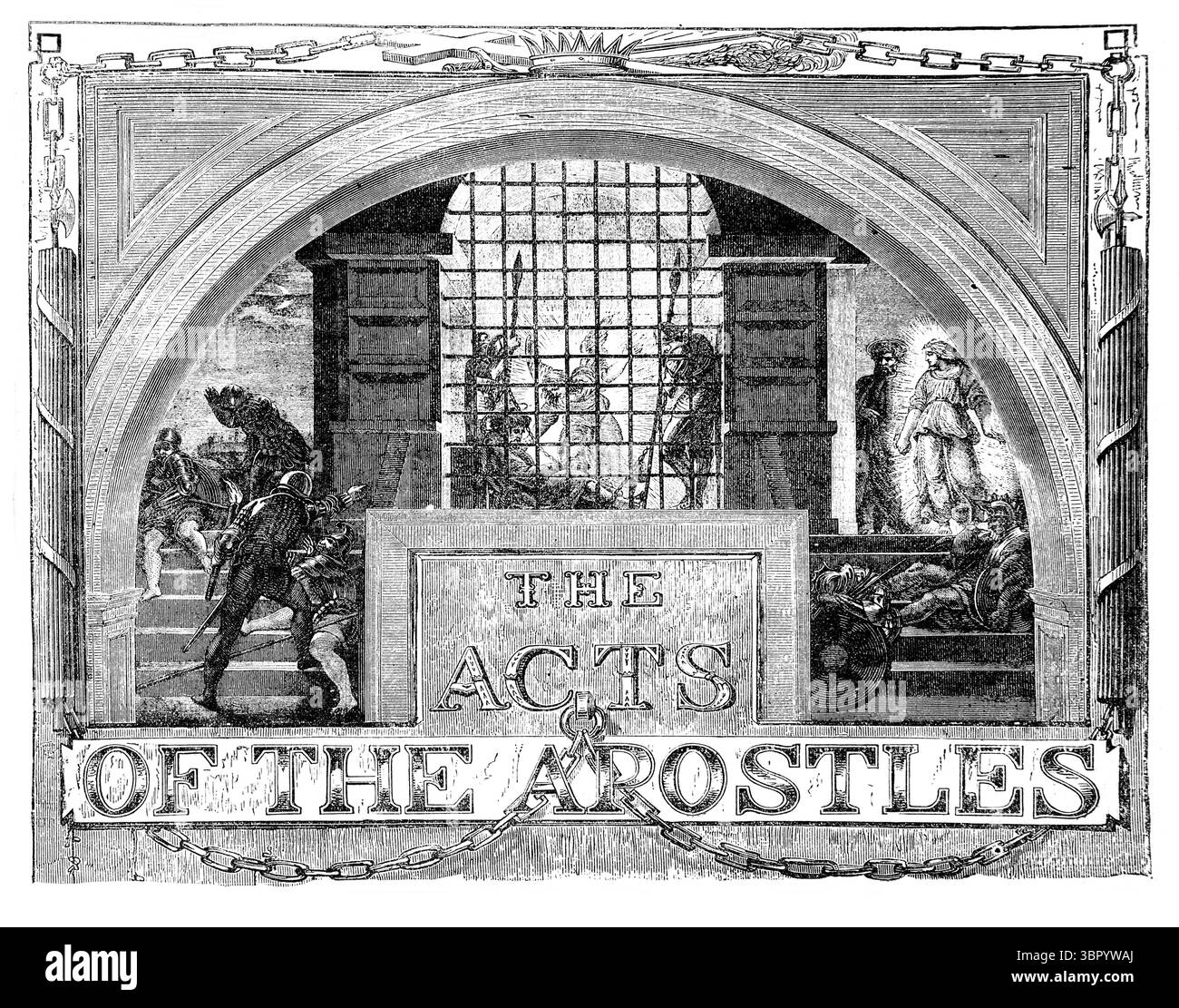 Titolo pagina degli atti degli Apostoli nuovo Testamento raffigurante San Pietro liberato dal carcere da un Angelo dell'Antica Ottocento la Sacra Bibbia Foto Stock