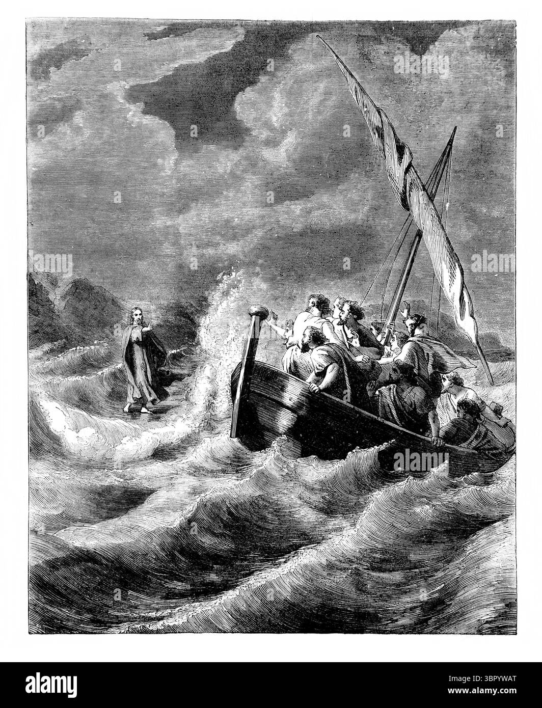 Illustrazione di Gesù Cristo che cammina sull'acqua per raggiungere i suoi discepoli nella tempesta Matteo XIV.27 dall'Antica Ottocento la Sacra Bibbia contenente Foto Stock