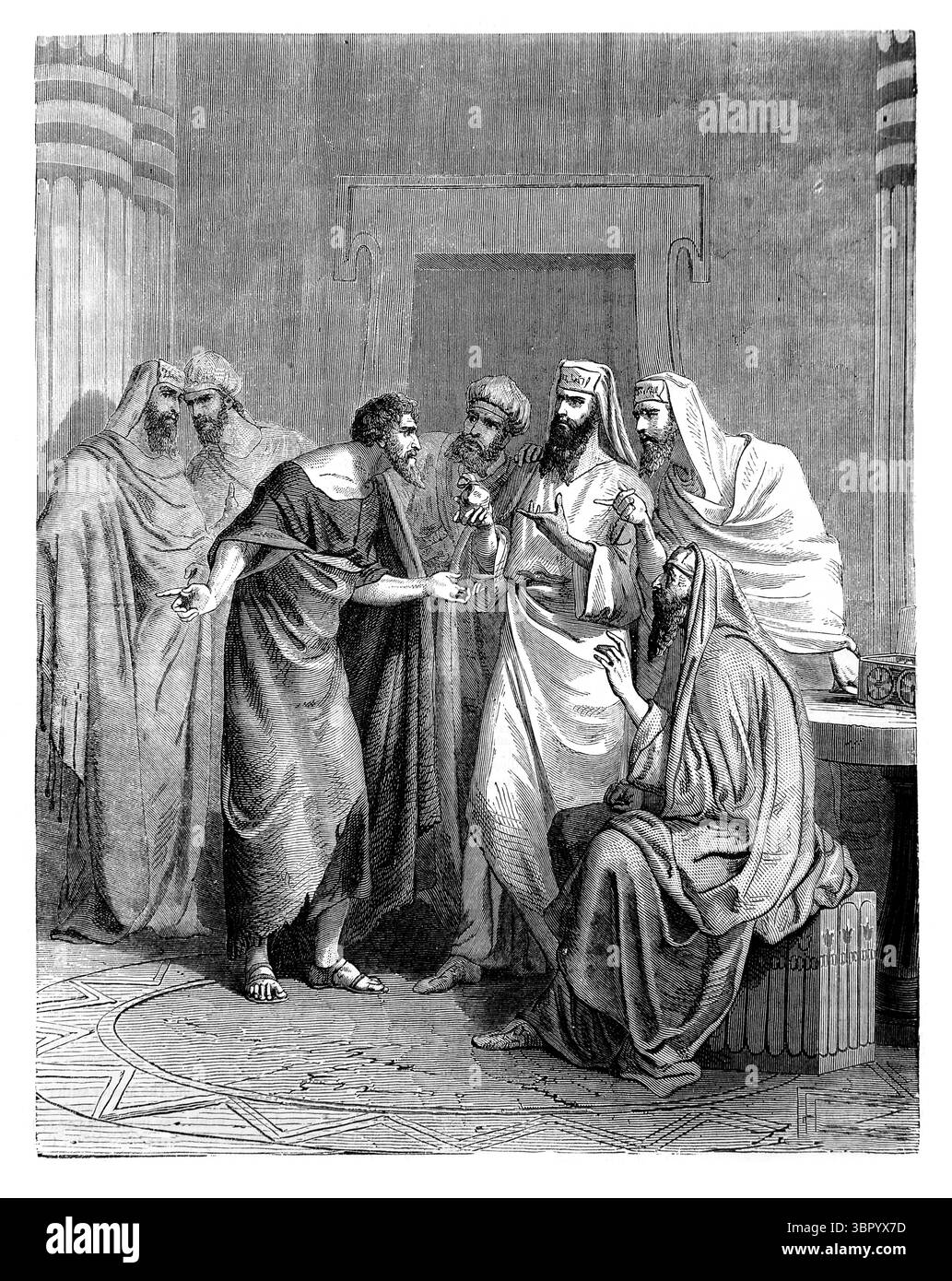 Illustrazione di Giuda Iscariota che coordina con i sommi sacerdoti (Matteo XXVI 14,15 ) dall'Antico XIX secolo la Sacra Bibbia contenente il Vecchio An Foto Stock