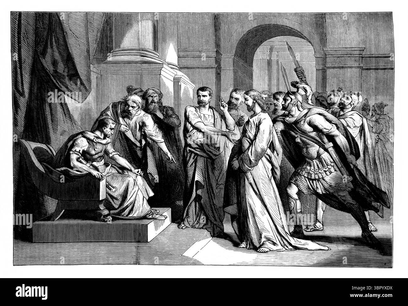 Illustrazione di Gesù Cristo davanti a Pilato (Marco) dall'Antico XIX secolo la Sacra Bibbia contenente l'Antico e il nuovo Testamento con note esplicative Foto Stock