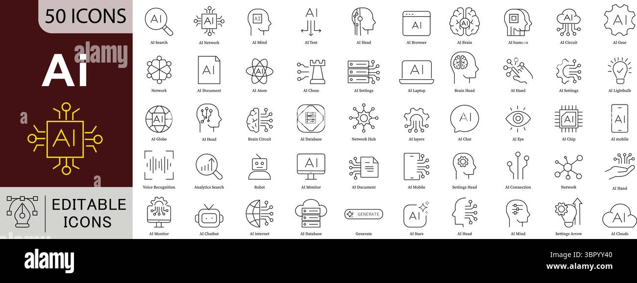 Icone di linea modificabili AI impostate per i concetti di intelligenza artificiale, apprendimento automatico e tecnologia dei dati Illustrazione Vettoriale