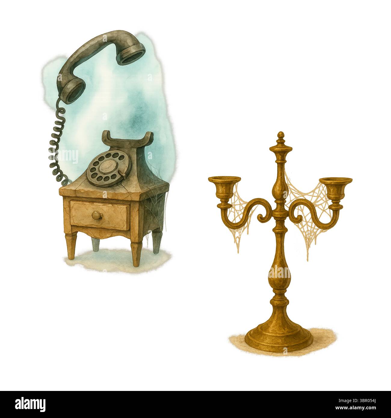Haunted Telephone and Candelabra – Halloween Vintage Watercolor Illustration Foto Stock
