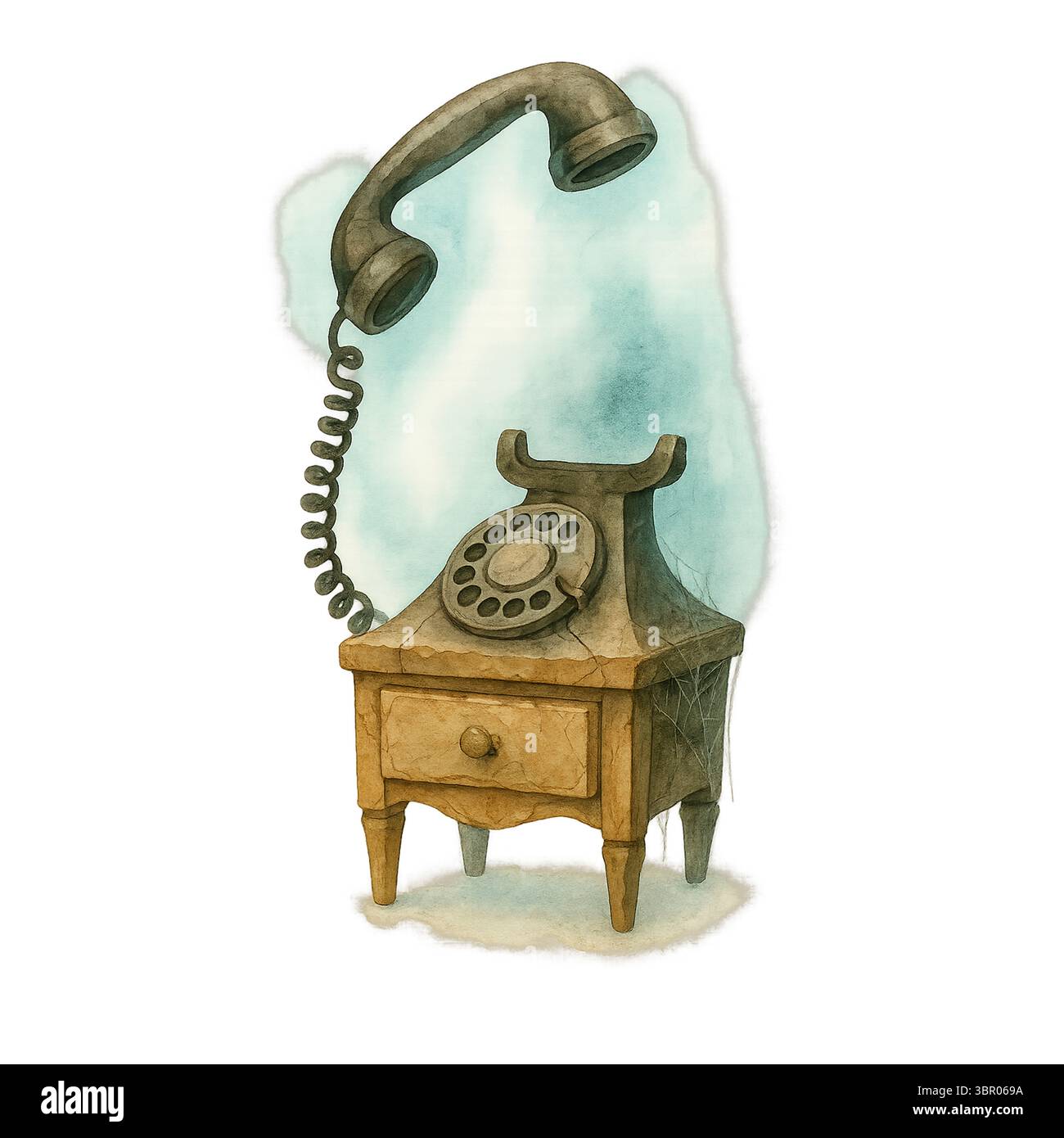 Telefono fantasma su un tavolo in legno – illustrazione della comunicazione infestata Foto Stock