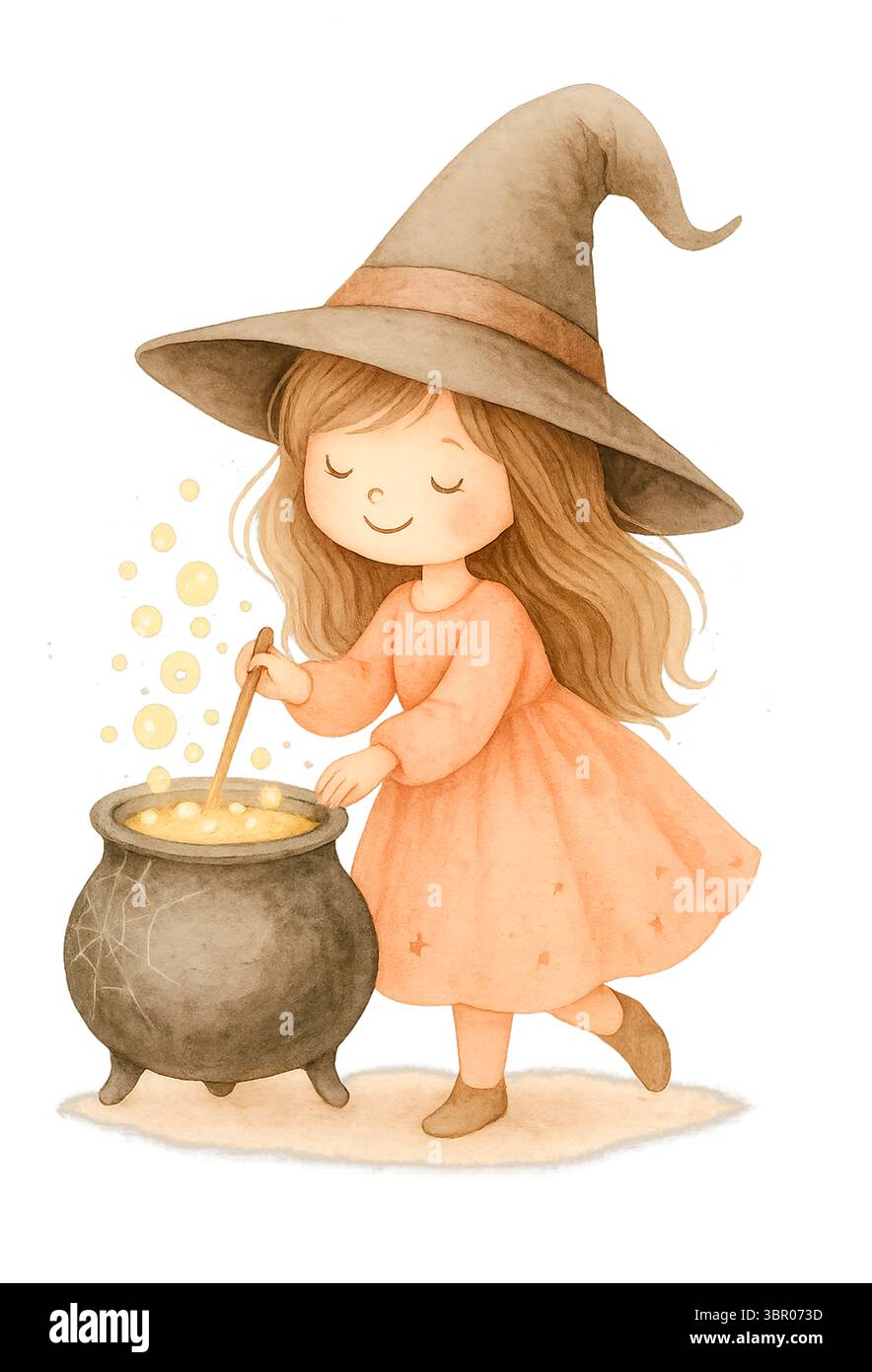 Carino Witch Girl che mescola il calderone – illustrazione dell'acquerello di Halloween Foto Stock