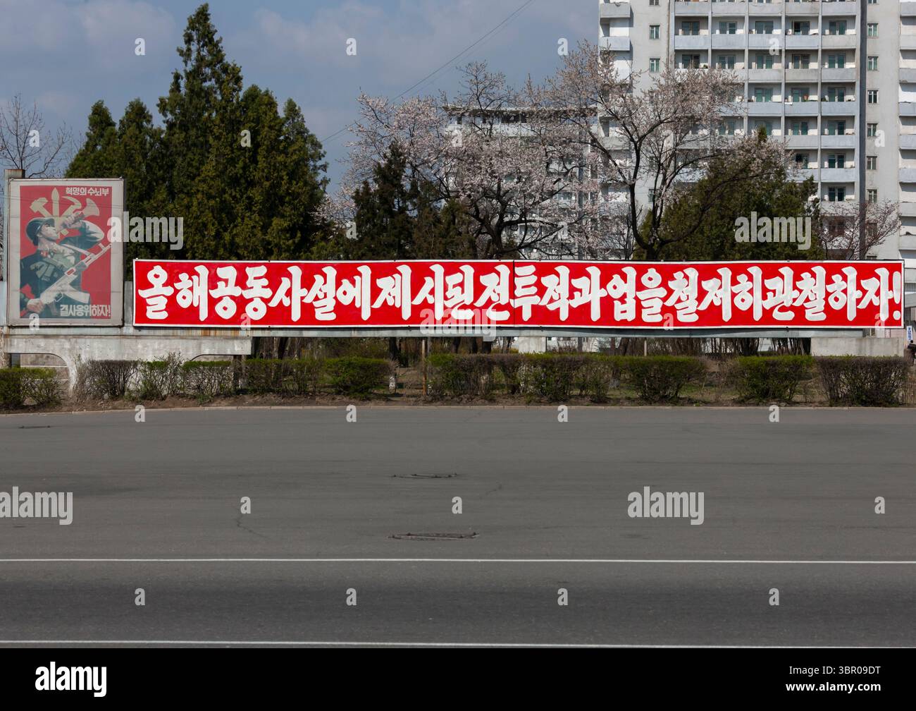 Cartelloni pubblicitari nordcoreani in strada, DGC, Pyongyang, Corea del Nord Foto Stock