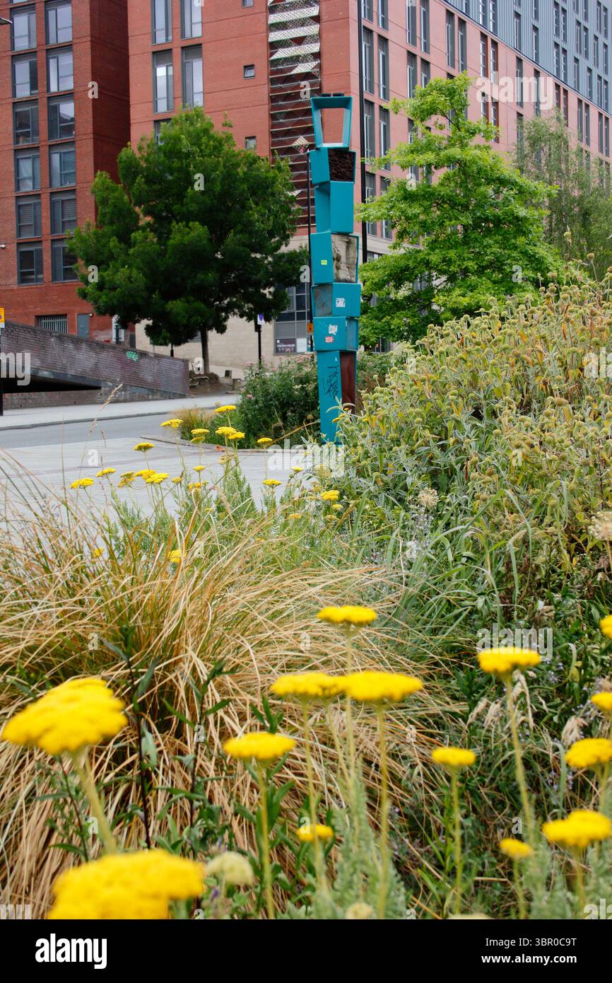 Sheffield Grey to Green Scheme, Bridge Street, Sheffield. Schema di piantagione urbana progettato tenendo conto dei cambiamenti climatici, degli investimenti e del benessere. REGNO UNITO Foto Stock