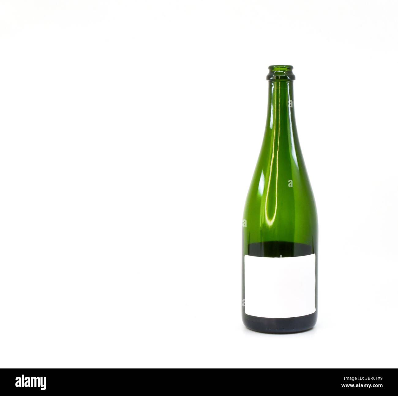 Bottiglia di vino vuota con etichetta vuota isolata su fondo bianco semplice Foto Stock
