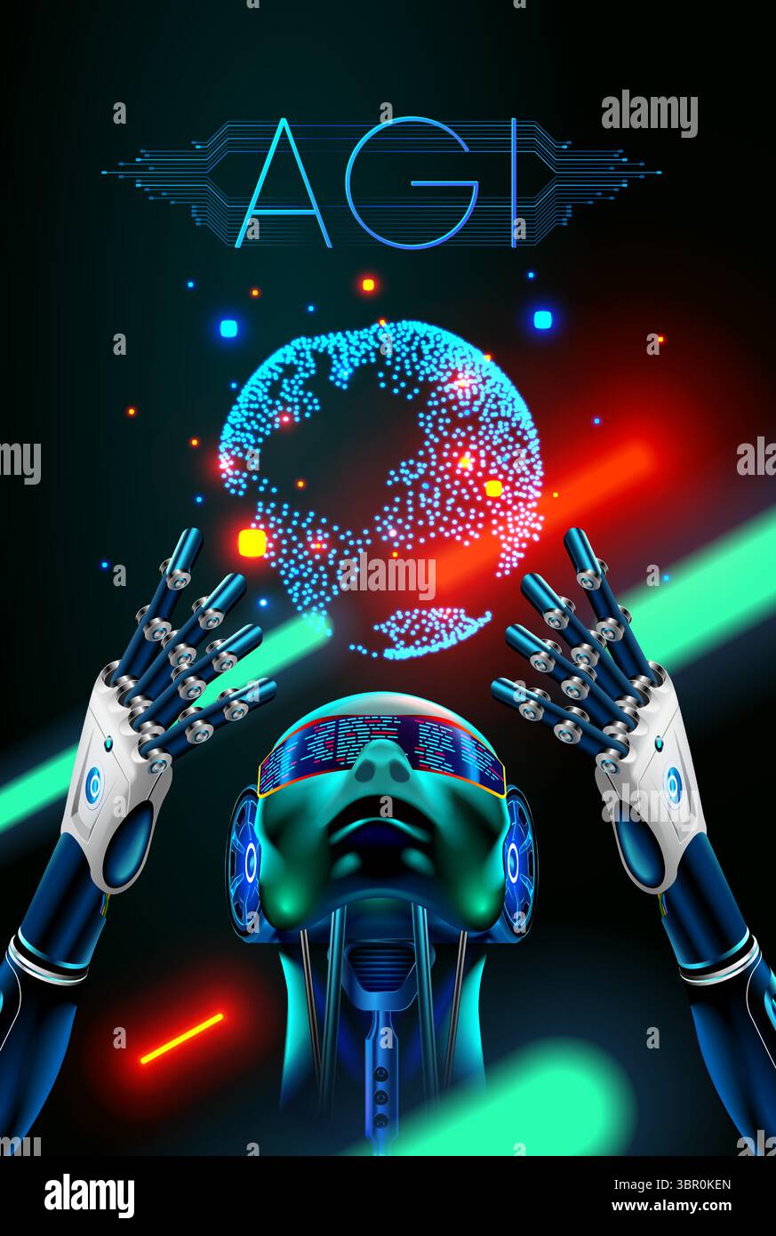 Un robot o un cyborg con IA tiene una proiezione della Terra tra le mani sopra la testa. Intelligenza artificiale generale o AGI. Una saggia superintelligenc Illustrazione Vettoriale
