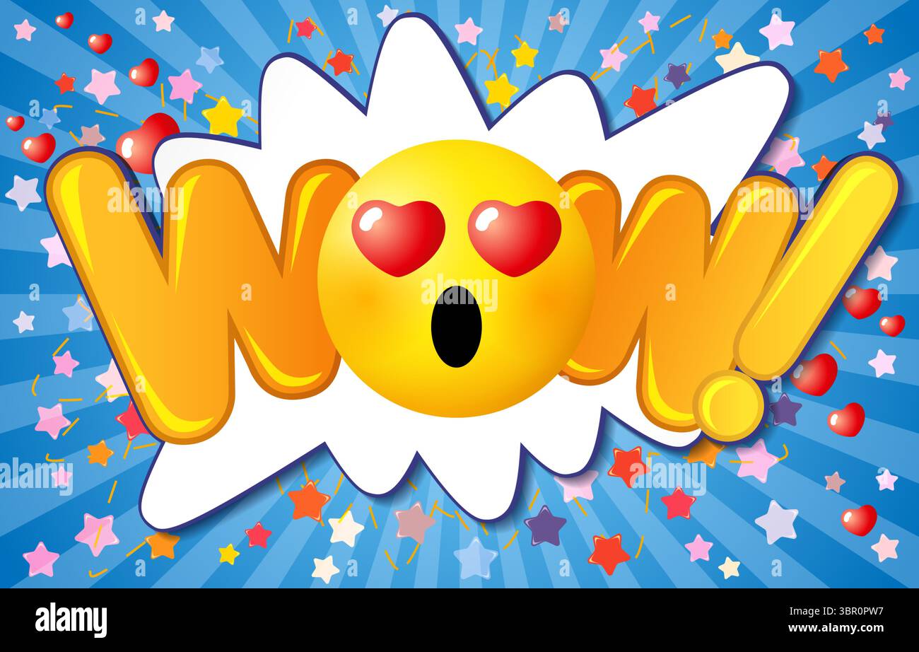 Biglietto d'auguri sui social media con una reazione sorprendente. Icona emoji isolata sullo sfondo delle feste. Informazioni sull'icona Messenger. Parlare cloud con tipografia creativa Illustrazione Vettoriale