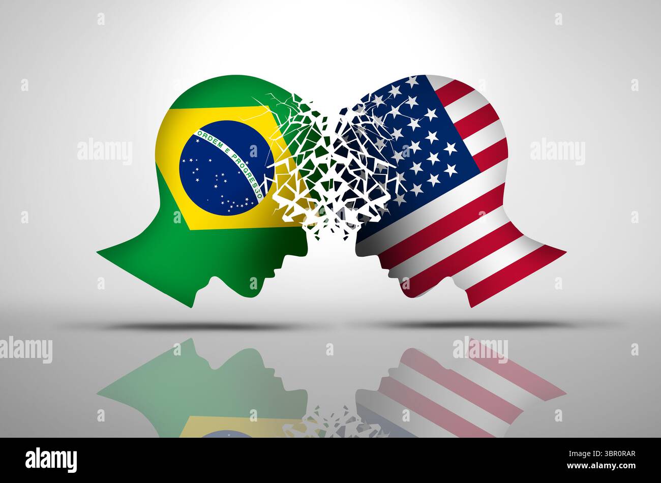 Brasile e Stati Uniti si scontrano come un conflitto geopolitico tra la nazione brasiliana e gli Stati Uniti come concetto economico a causa di dispute politiche e fin Foto Stock