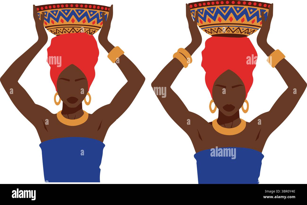 Due eleganti donne africane con fasciatesta tradizionali e un abbigliamento vivace, che bilanciano graziosamente i cesti ornati sulla testa, Illustrazione Vettoriale
