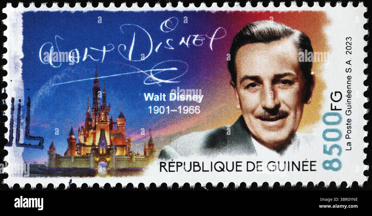 Walt Disney e il famoso castello di Disneyland su francobollo Foto Stock