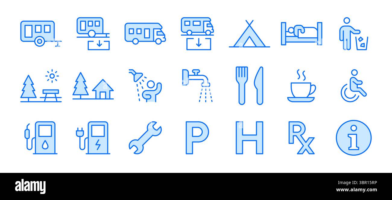 Set di icone della linea di campeggio. Parcheggio per roulotte, stazione di scarico roulotte, tenda, doccia, camper, illustrazioni vettoriali minime. Indicazioni stradali semplici Illustrazione Vettoriale