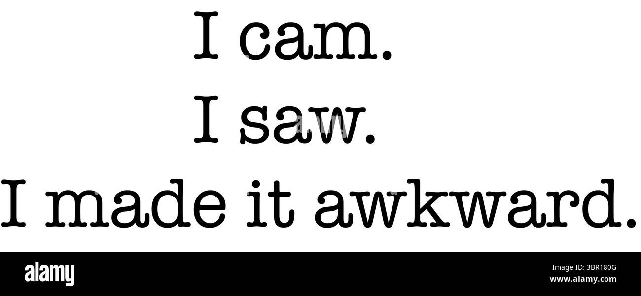 "Testo stampato che recita "sono venuto." Ho visto. L'ho reso imbarazzante". con un carattere pulito e audace. Design minimalista e divertente con un tono imbarazzante Foto Stock