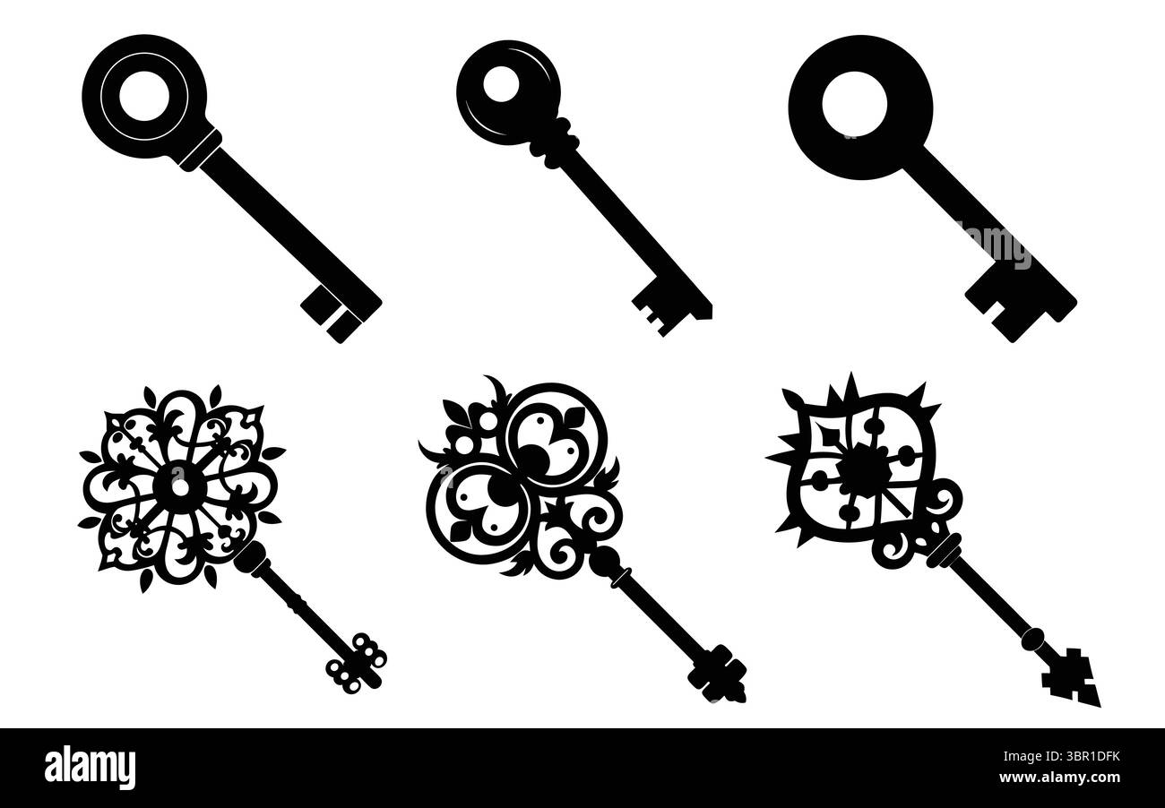 Collezione di chiavi con silhouette ornate; elementi vintage, decorativi, di design grafico Illustrazione Vettoriale