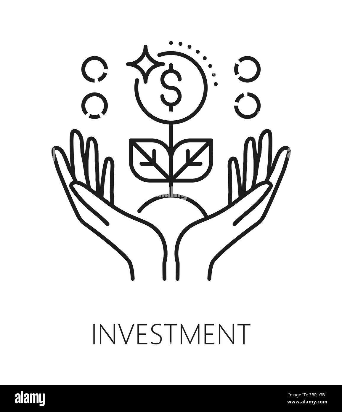 icona della linea aziendale di investimento o emblema del contorno. Simbolo del vettore del fondo di capitale finanziario, icona del servizio di investimento. Firma di un'azienda di rischio o pittogramma del reddito passivo con albero del denaro che cresce nelle mani delle donne Illustrazione Vettoriale
